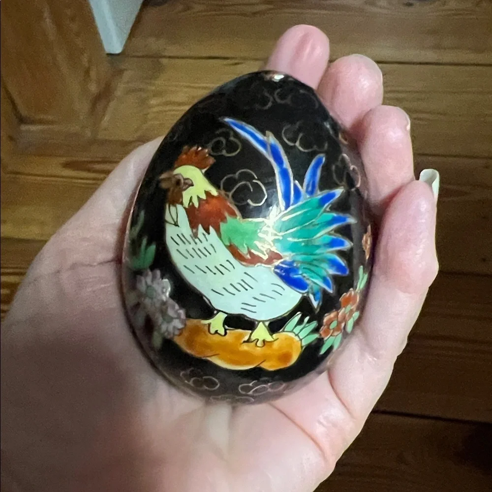 Vintage Cloisonne Egg Enamel Black Floral Rooster Chicken Spring Easter 4